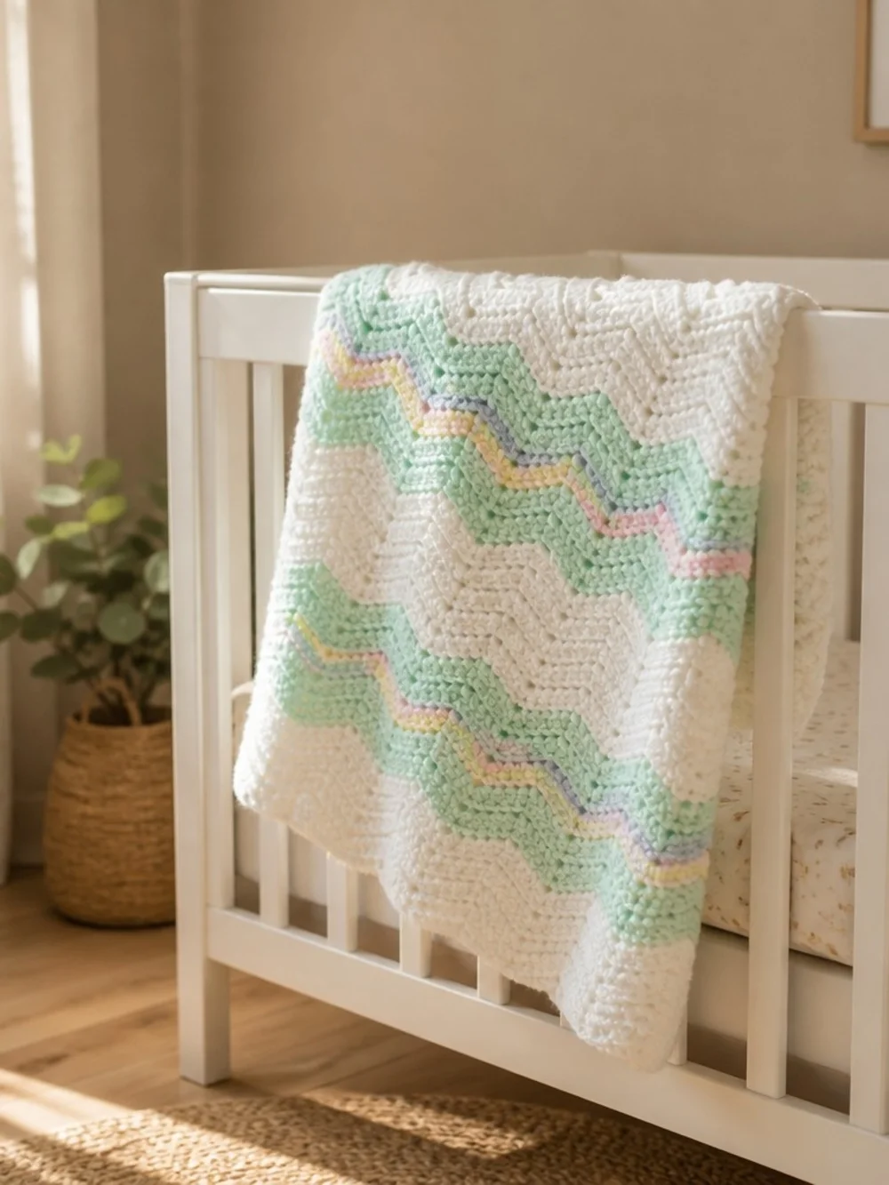 Vintage Handmade Crochet Pastel Chevron Ripple Baby Blanket Afghan 30
